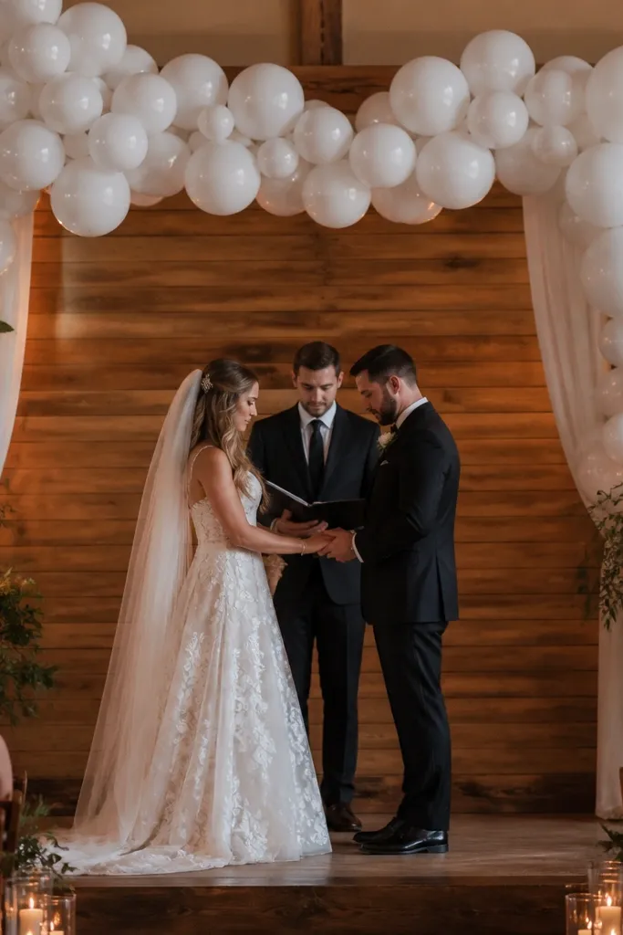 White balloon garland with clear acrylic sign on the wedding stage