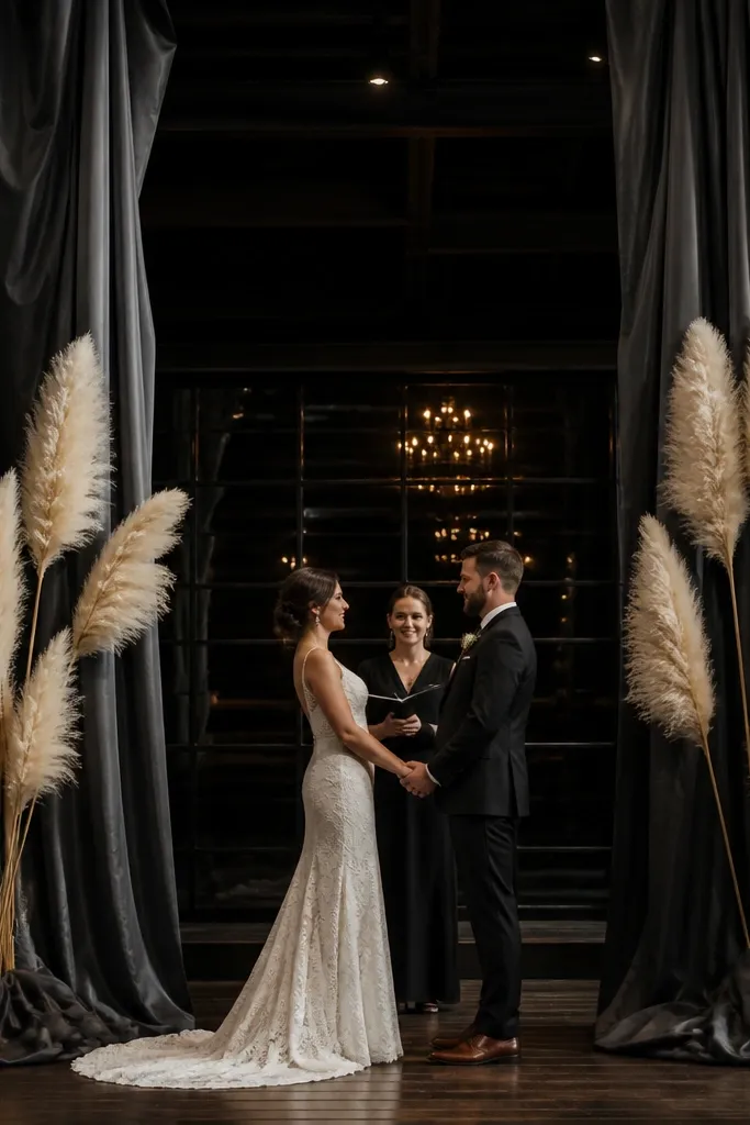 Smoke-gray draped columns with tall pampas plumes on stage sides