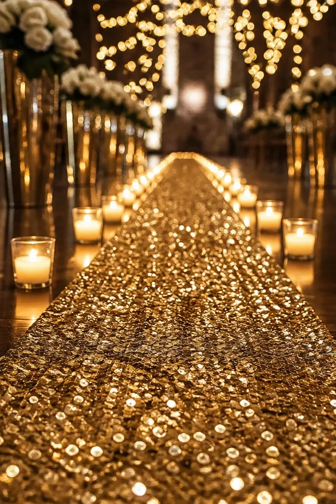 Champagne sequin runner on stage with candlelight centerline arrangement