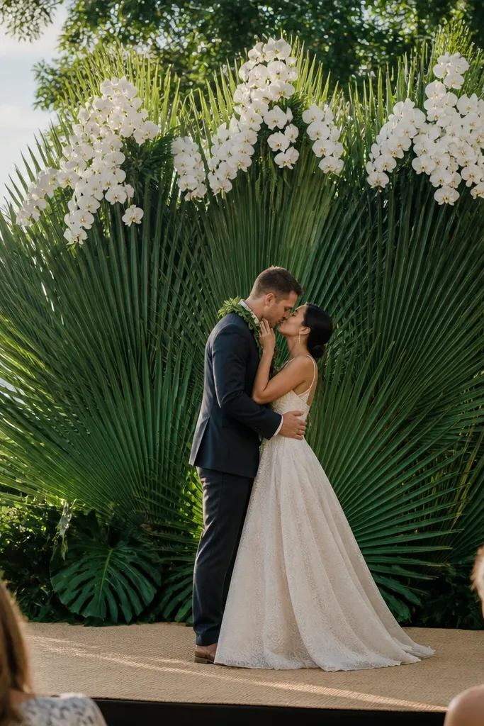 Palm frond fan backdrop with small white orchid clusters at the top