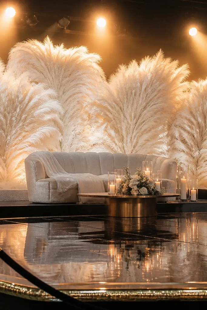 White feathered panels behind stage with warm spotlight glow