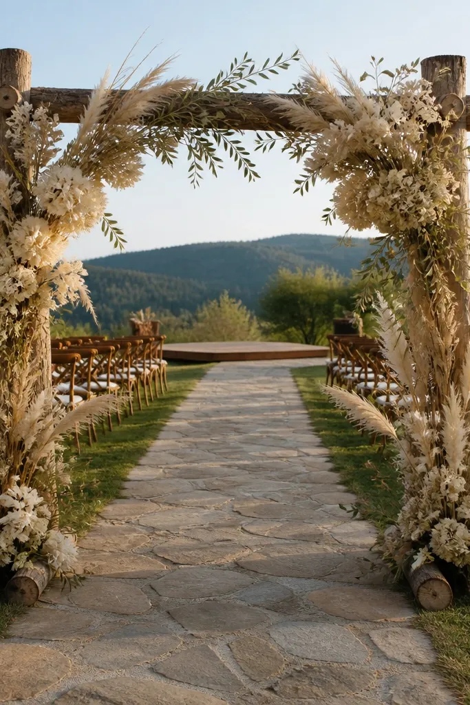 Cedar arch with cream dried flowers and olive sprigs on stage