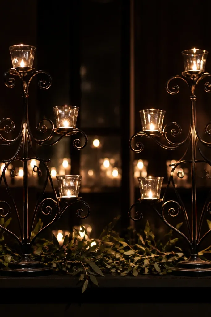 Black iron candelabra with clear glass votives on stage