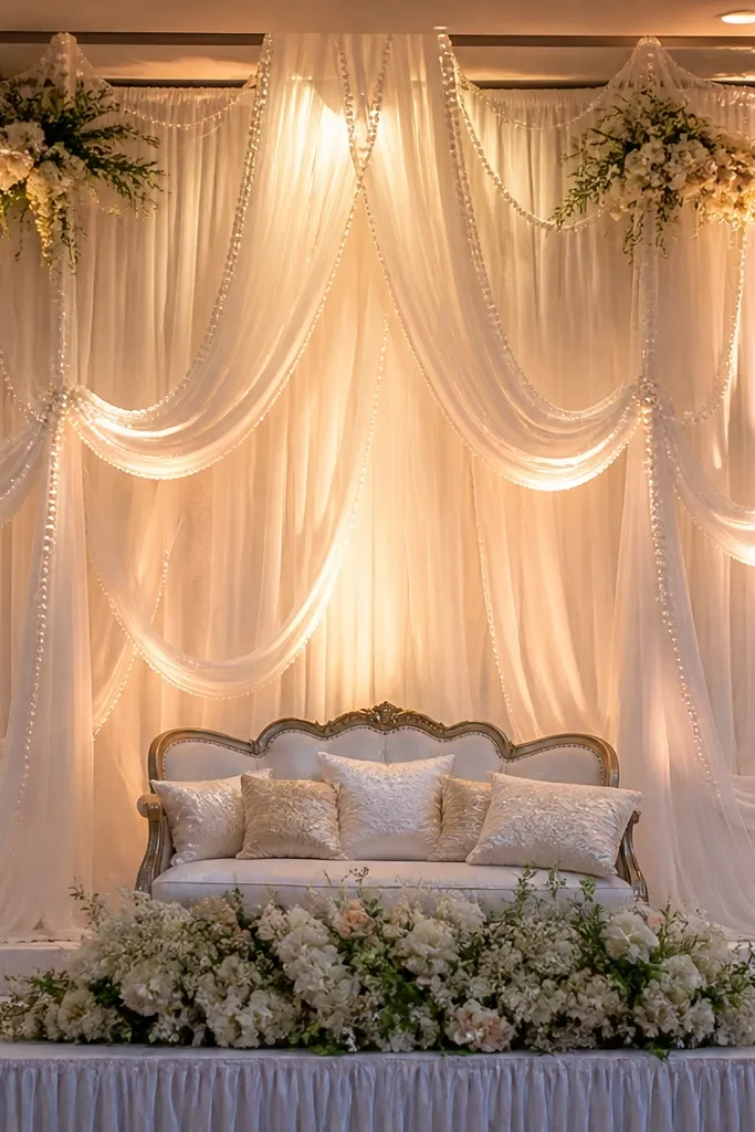 Ivory tulle cascade backdrop with pearl bead edge trim