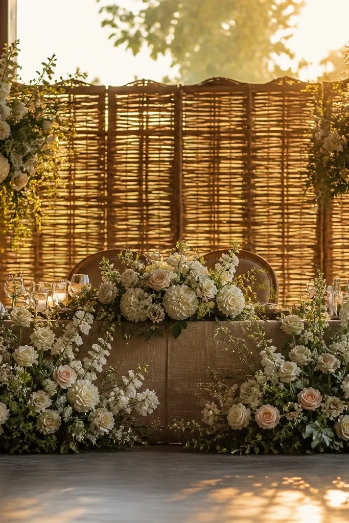 Woven willow screen with backlit LED florals behind stage