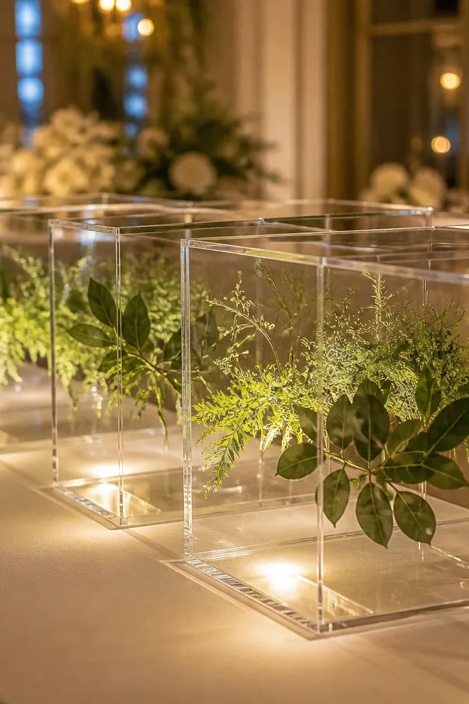 Clear terrarium boxes on stage with floating greenery and soft LED lights