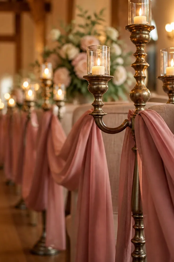 Smoked rose bridesmaid dresses with oat linen napkins and antique brass candle holders