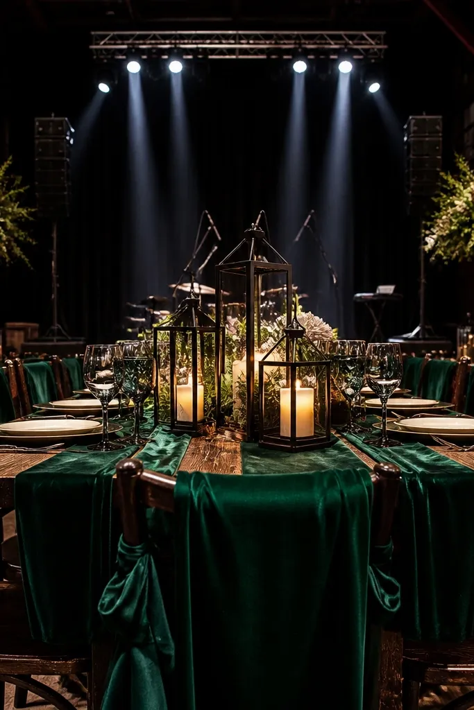 Emerald green table linens with cream napkins and black metal candlesticks