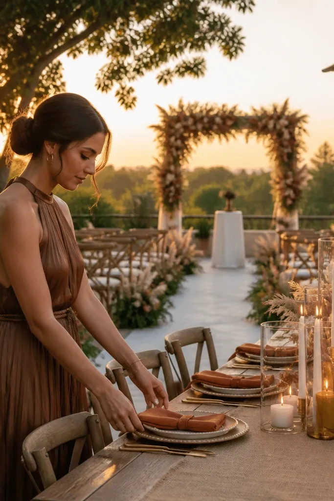Cocoa brown suit tones with warm ivory table settings and burnt orange florals