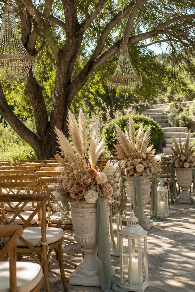 Terracotta table runners with sage greenery centerpieces and antique white candles