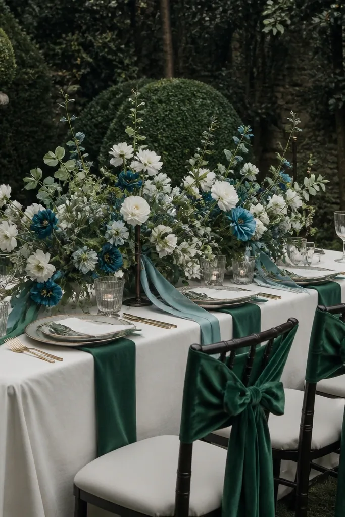 Forest green drapes with ivory table linens and deep teal floral accents
