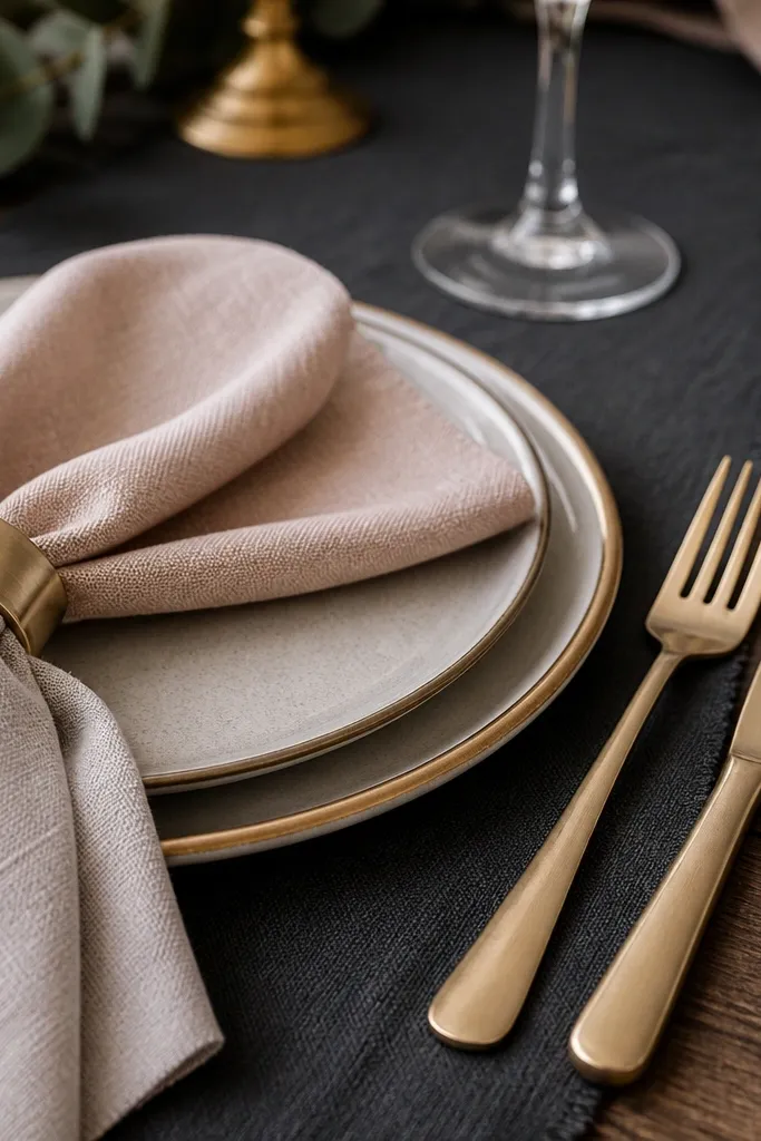 Blush sand bridesmaid dresses with charcoal table linens and soft gold candle accents