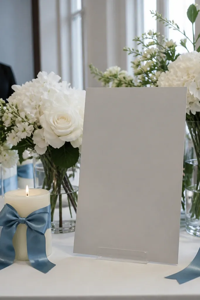 Pearl gray napkins with white table settings and smoke blue ribbon on bouquets