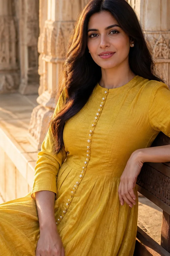 Yellow dupion dress with a fitted waist seam and pearl-like buttons down the front