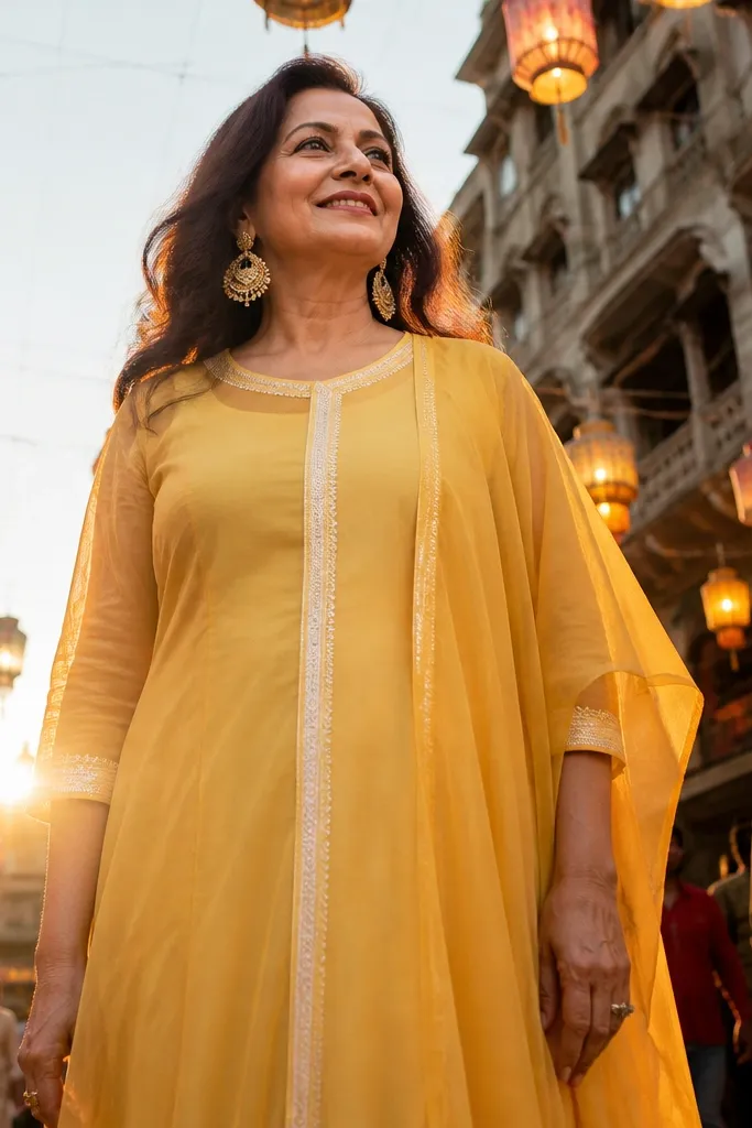 Layered yellow georgette dress with a satin-stitched border around the neckline