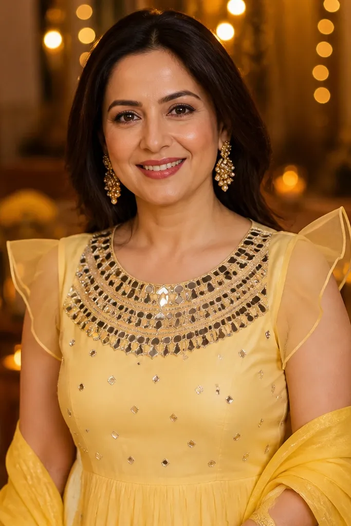 Yellow dress with a mirror-stitched yoke and sheer organza caps on the sleeves