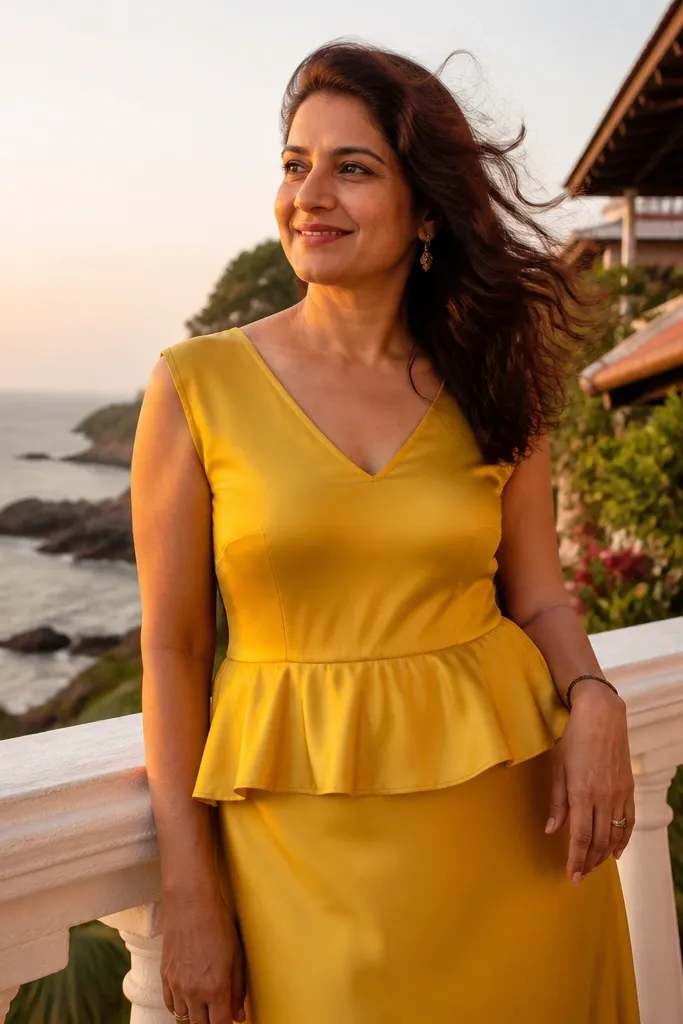 Yellow satin-trimmed neckline with a small peplum at the waist