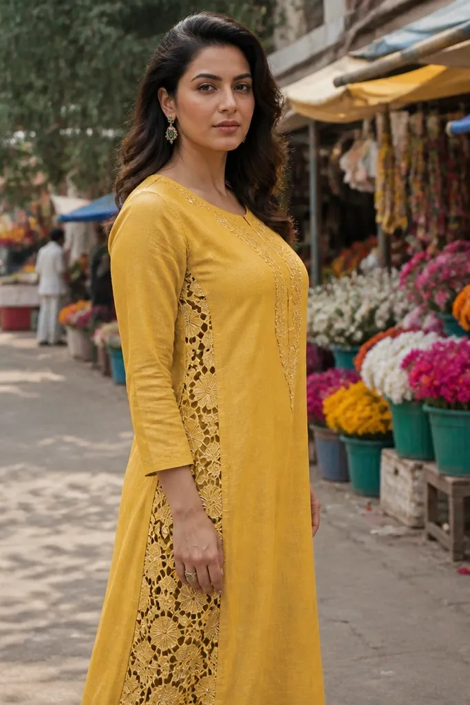Yellow dress with cutwork lace inserts on the side panels for a slimming look