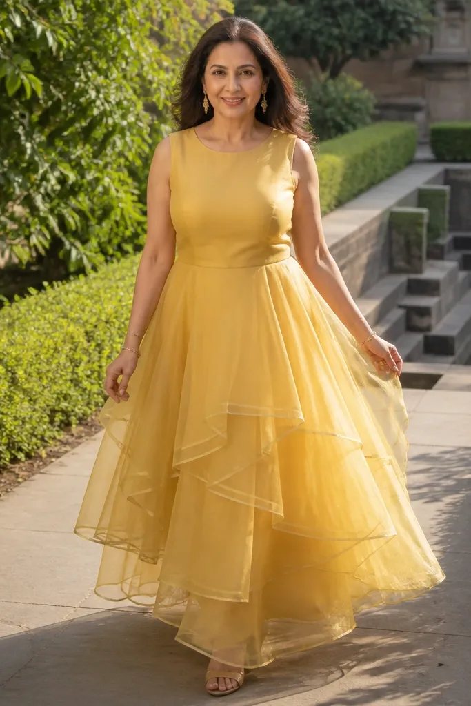 Yellow dress with an organza layered skirt and stepped hem stitching lines