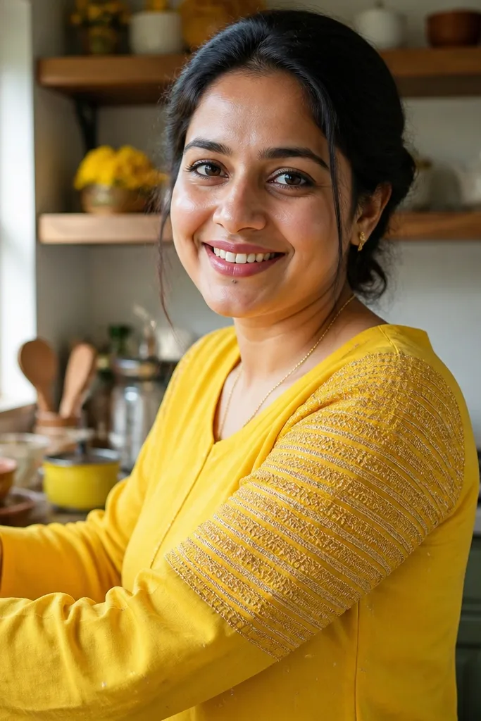 Yellow dress with gold-thread rows stitched along the sleeves