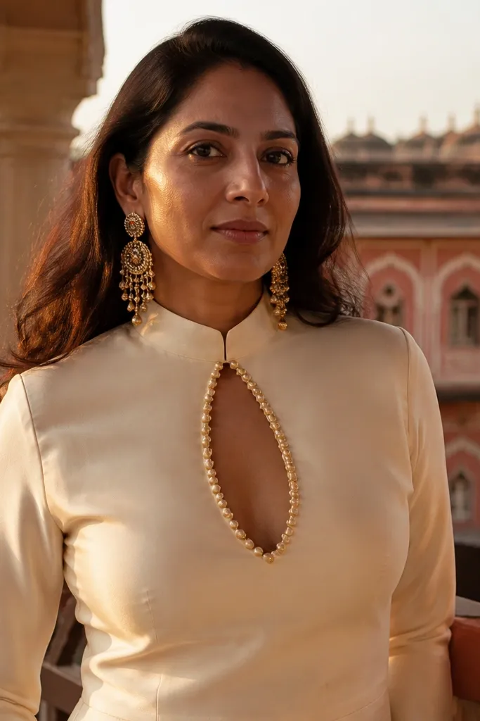 Yellow high-neck haldi dress with a small keyhole and micro bead chain trim