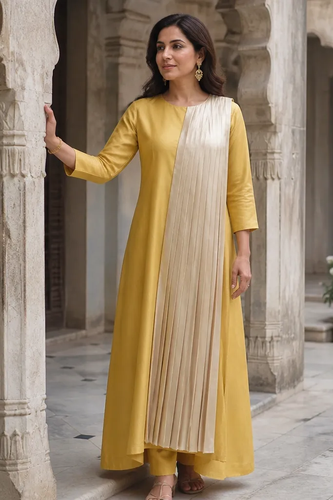 Yellow dress with a front drape panel and crisp knife-edge pleats