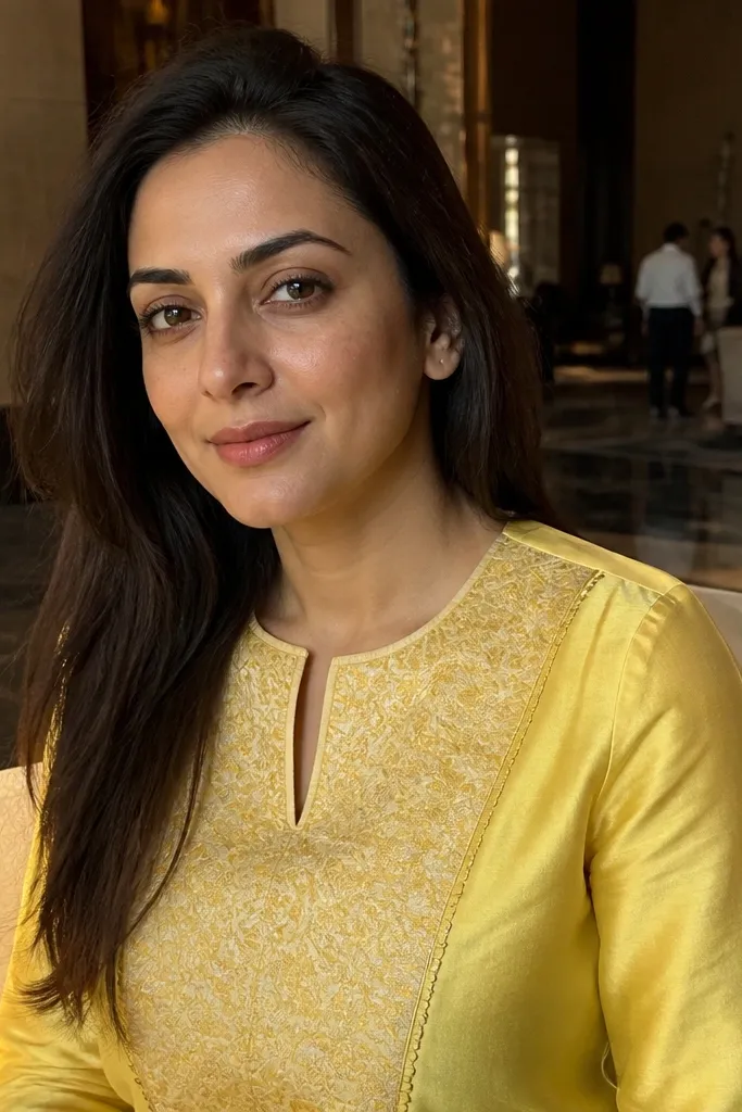 Yellow dress with a brocade-style yoke and contrast thread topstitching