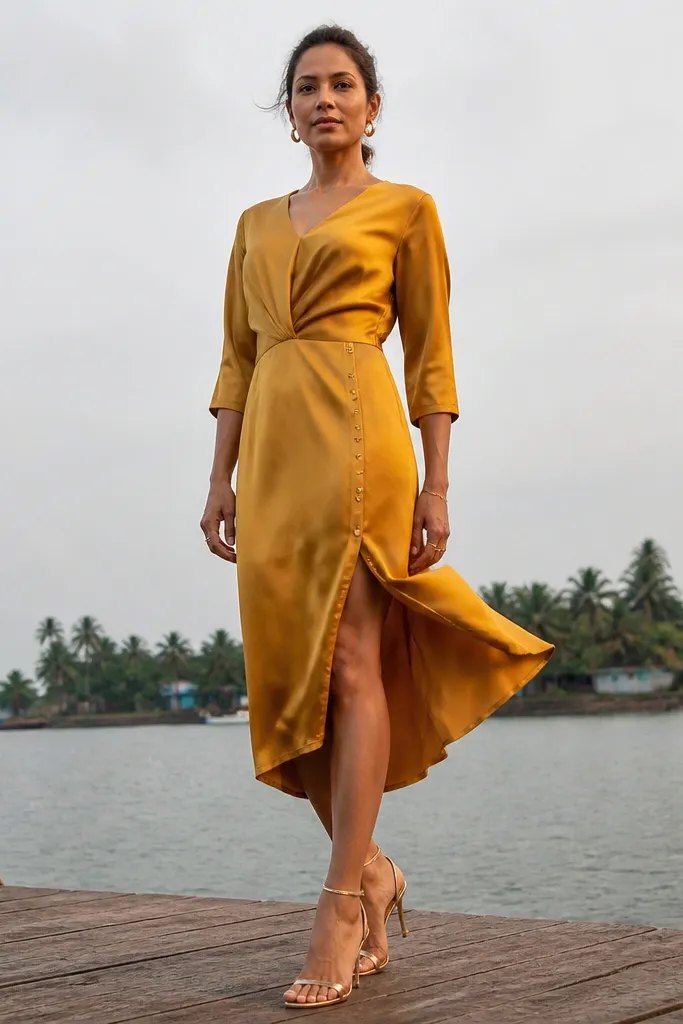 Yellow dress with asymmetrical hem and a buttoned side slit
