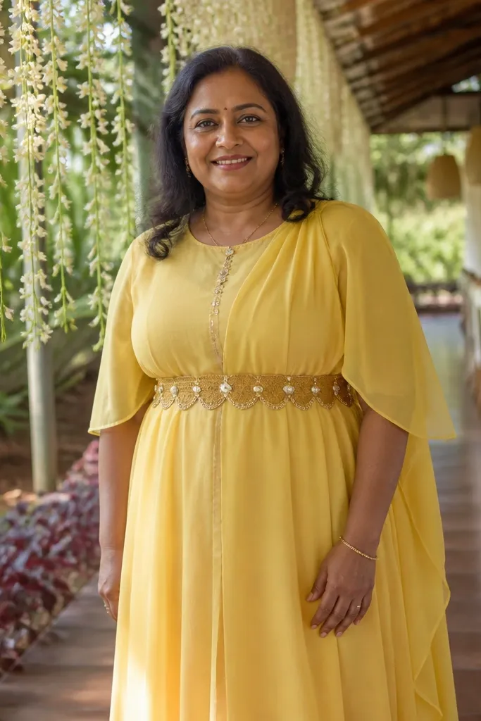 Yellow dress with a slim belt and scalloped bead border at the waist