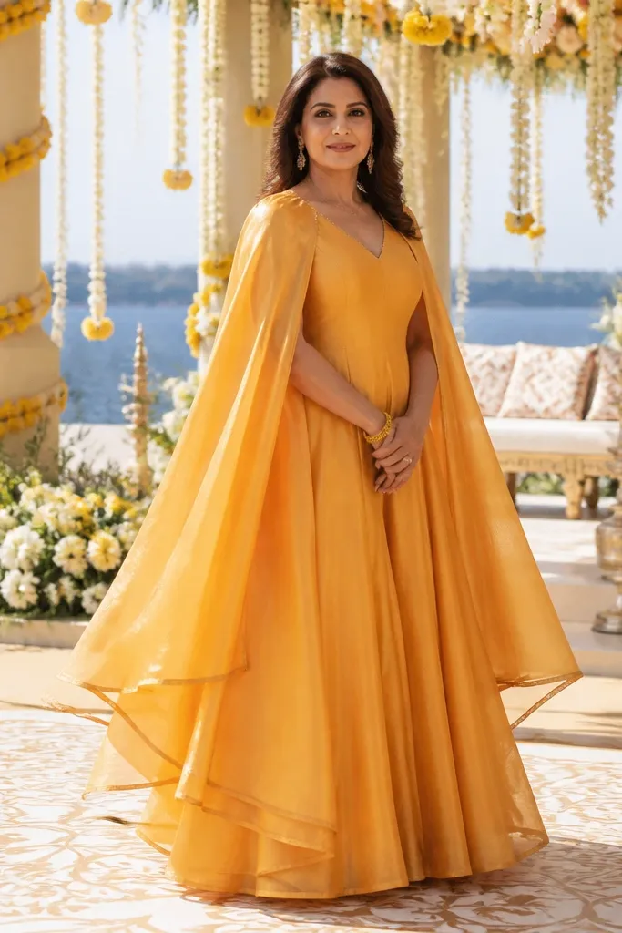 Yellow dress with cape sleeves and organza binding along the sleeve edges