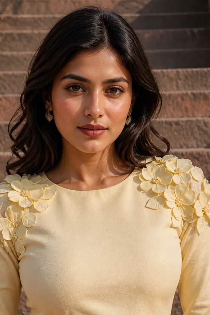 Yellow dress with 3D floral appliques placed over the shoulder seam