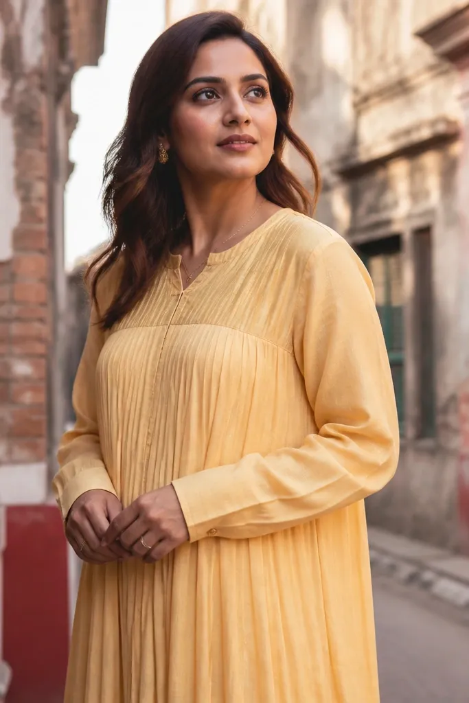 Yellow dress with a pleated yoke and subtle pintuck lines that show texture
