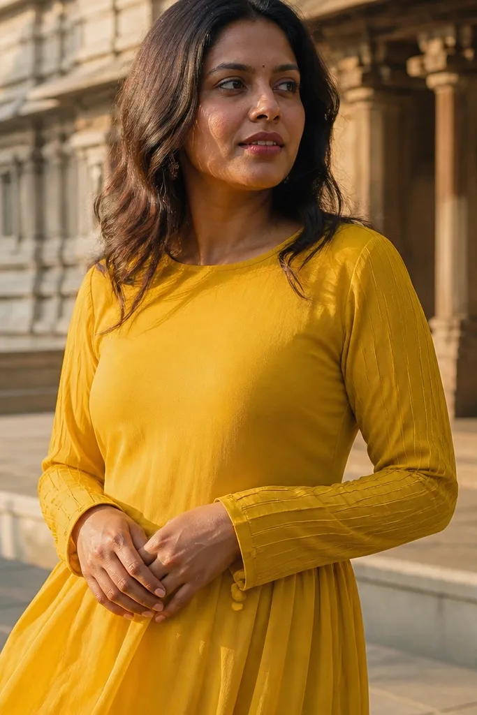 Yellow dress with pintuck sleeve bands and small button-loop cuffs