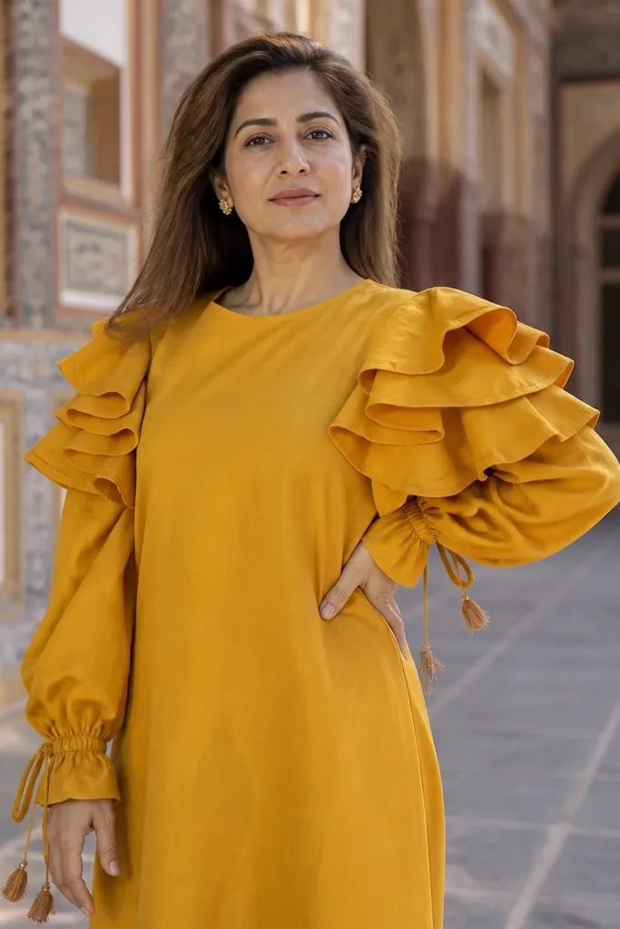 Saffron yellow sleeves with stacked ruffles and tassel tie cuffs