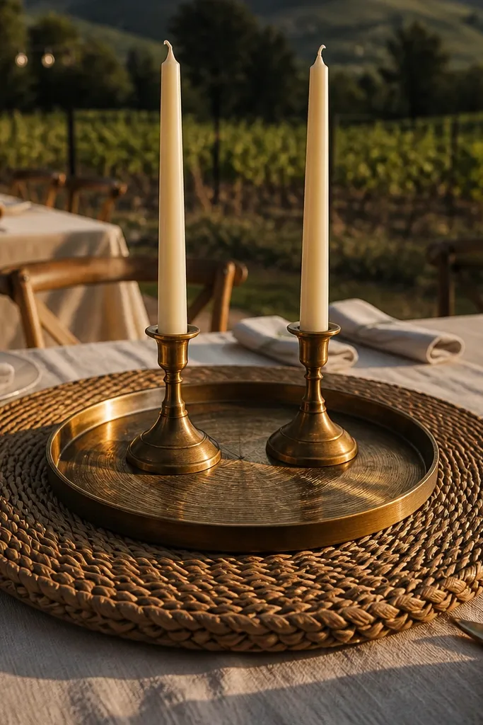 Cream taper candles on a tray with rattan chargers under the candlelight