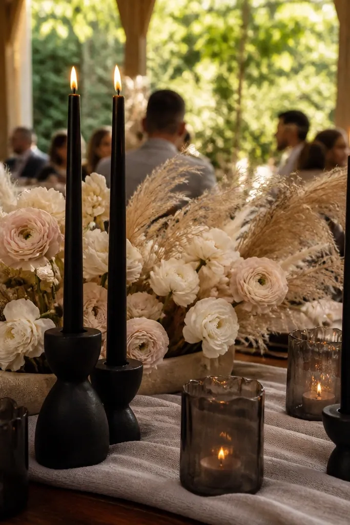 Matte black candles in smoky glass votives with pale florals around them