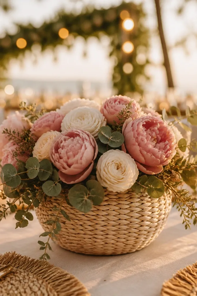 Cream woven basket centerpiece holding a single large floral crown arrangement