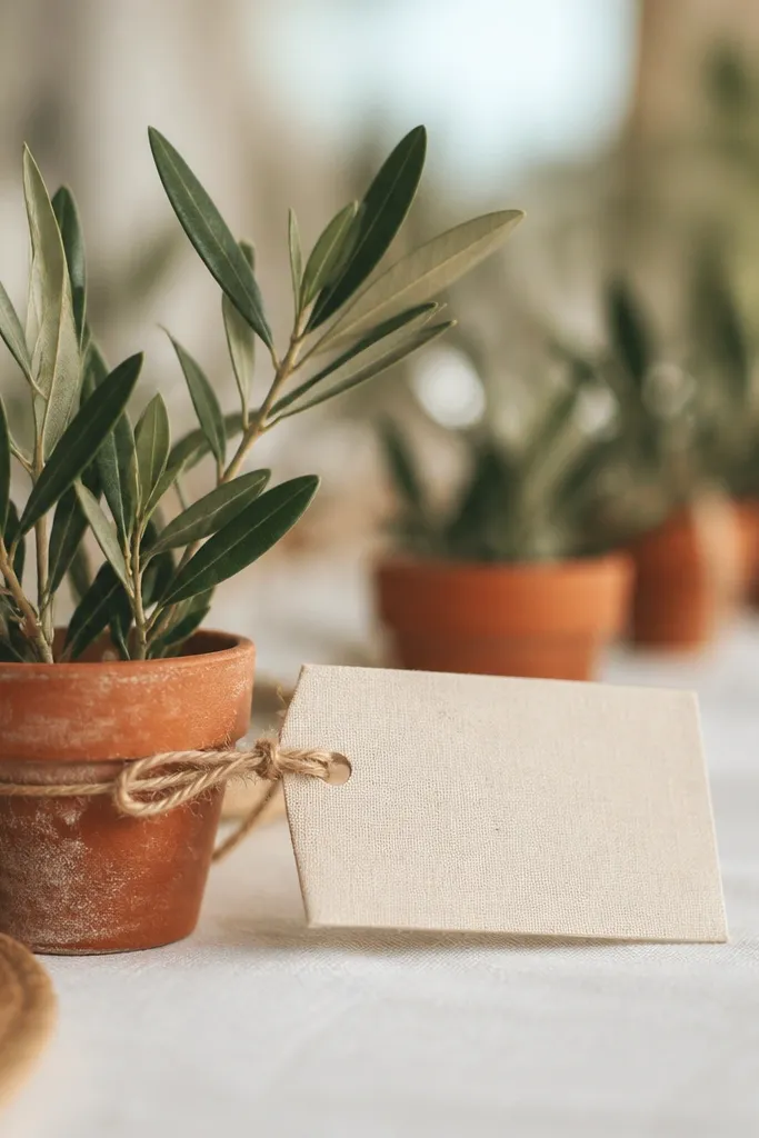 Small terracotta pots with olive branches next to place cards on a cream table