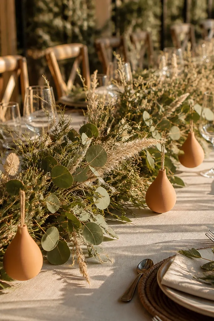 Neutral dried greenery garland with small clay ornaments hanging along a long table