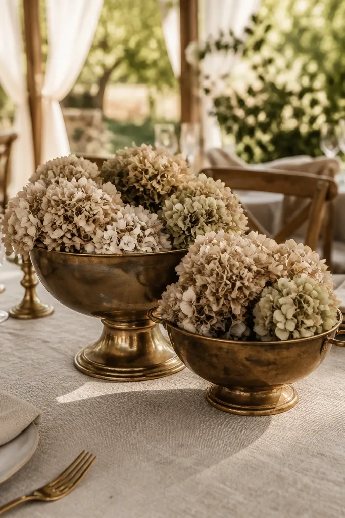 Vintage brass bowls holding sand-colored dried hydrangea on a cream table