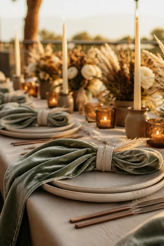Sage velvet napkins with linen rings and small pampas tips on a neutral table