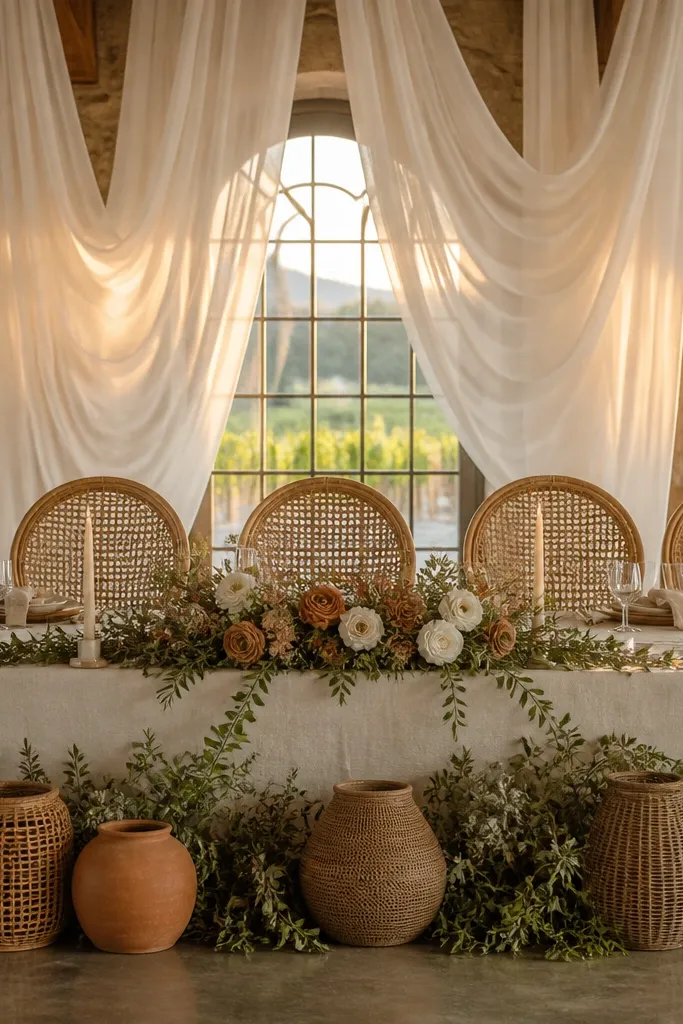 Head table with gauze drape behind it, cream candles in front, and dried florals