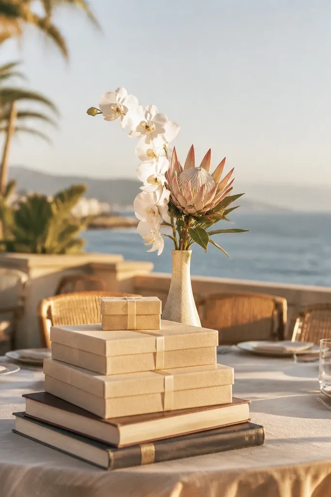 Linen-wrapped boxes and a single tall floral stem as a minimal boho centerpiece