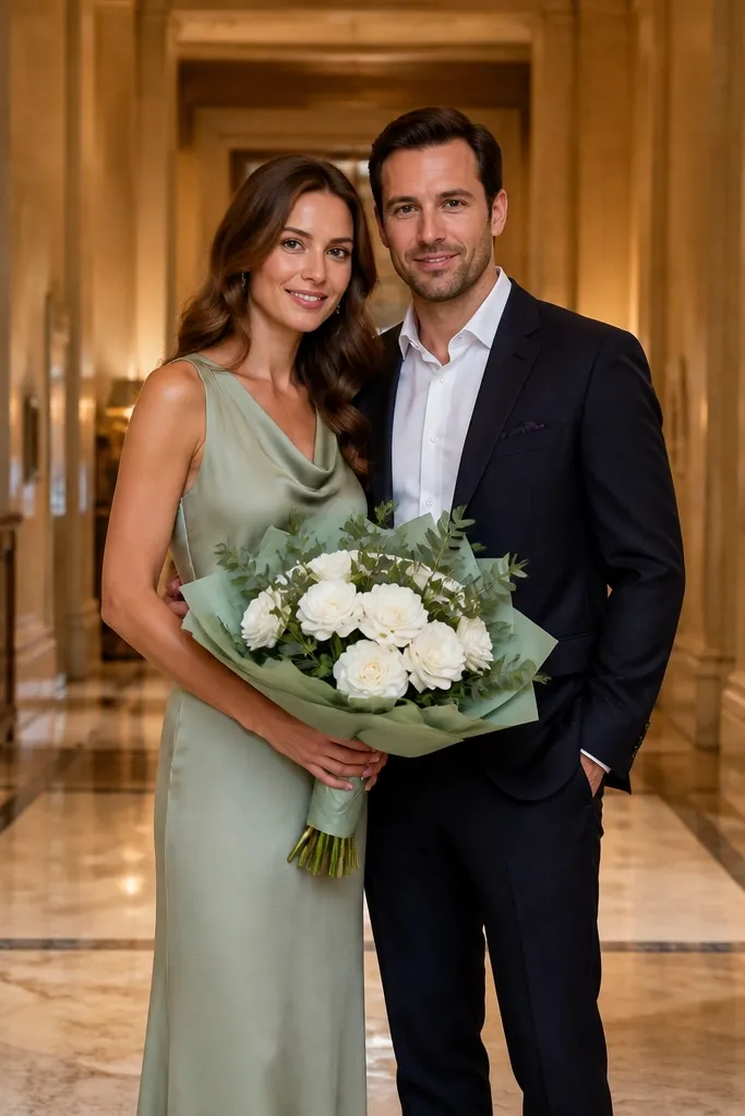 Couple in formal outfits standing on a marble lobby floor with matching bouquets