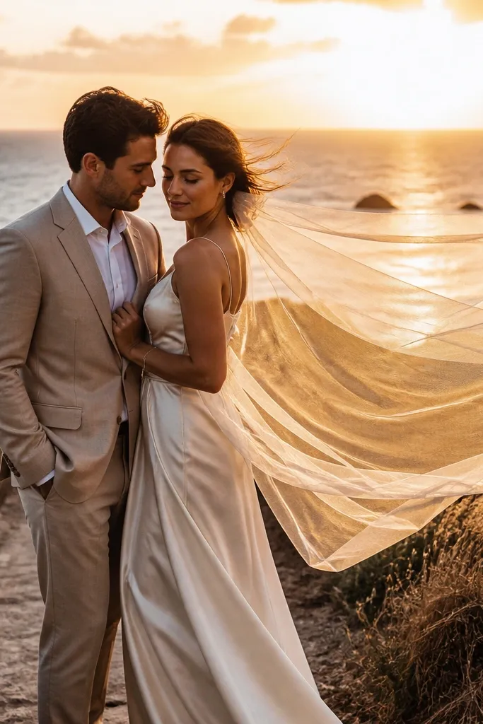 Couple walking along a cliff edge with flowing fabric in warm sunset light
