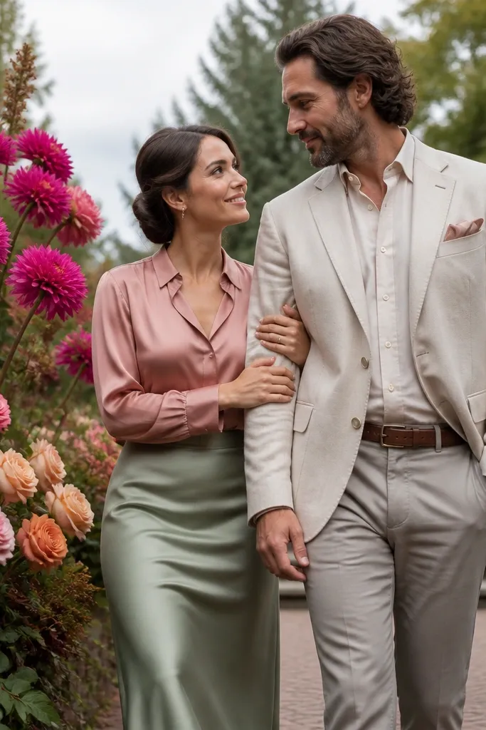 Couple on a garden path holding a bouquet with large colorful flowers nearby