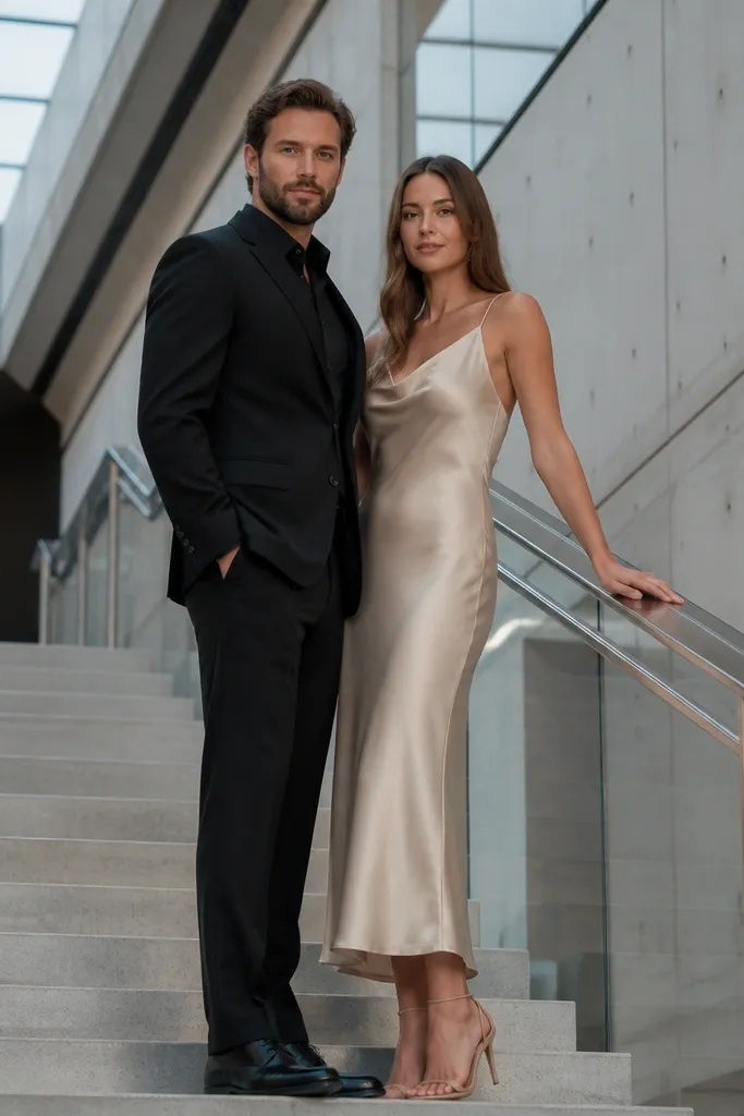 Couple posing on a museum staircase with neutral walls and soft shadows