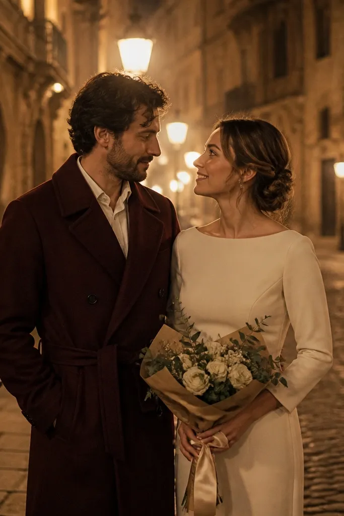 Couple walking on cobblestone street with warm lantern glow and historic buildings