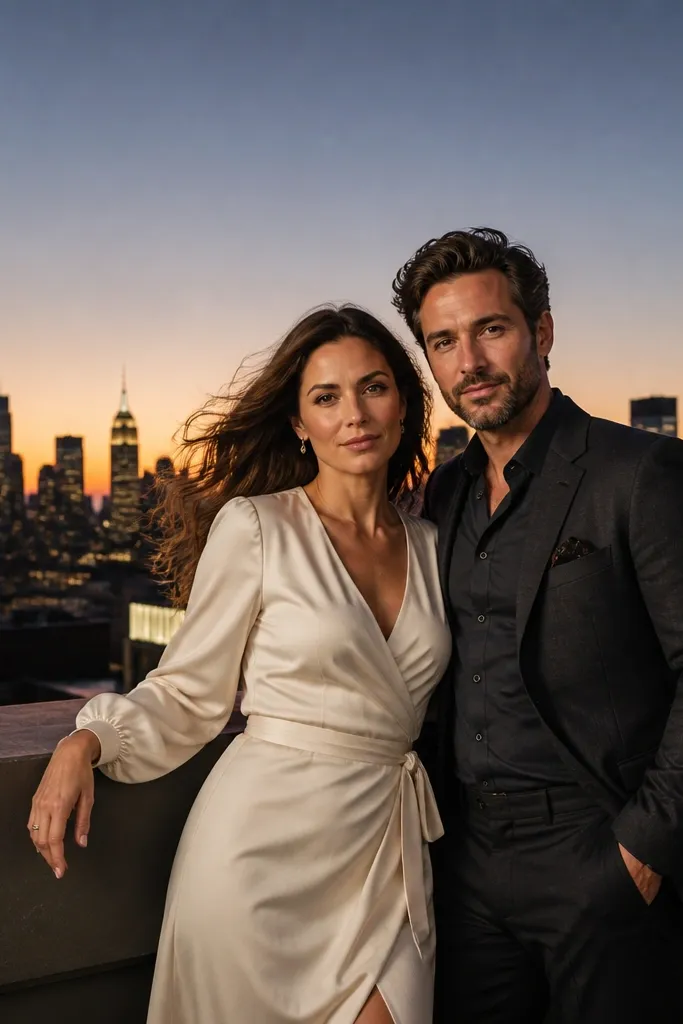 Couple on a rooftop with skyline behind them, holding a wrap that moves in wind