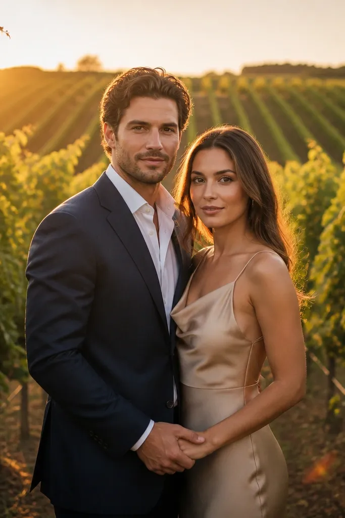 Couple standing between vineyard rows at sunset with coordinated outfits and warm light